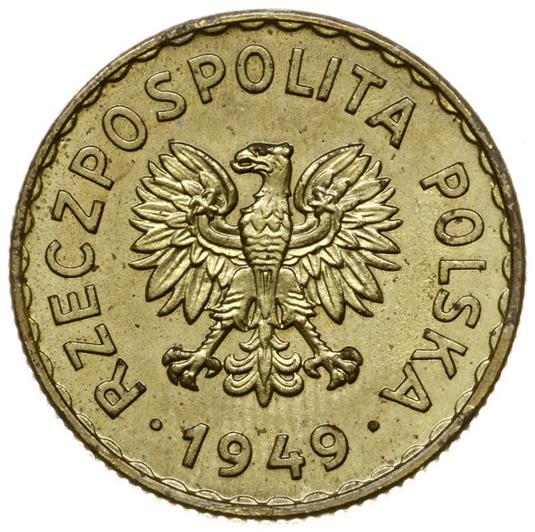 1 złoty 1949, Warszawa; nominał 1, wklęsły napis