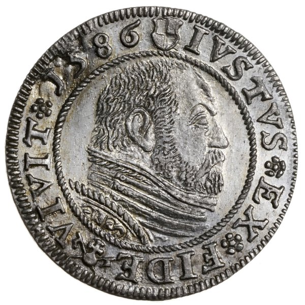 grosz 1586, Królewiec; pod popiersiem księcia zn