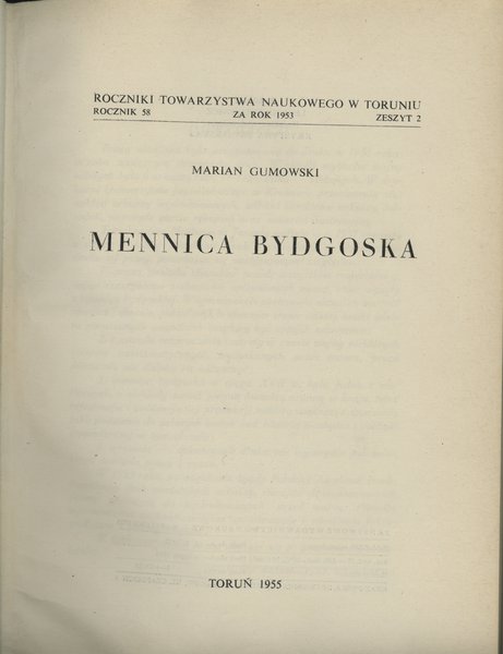 Marian Gumowski - Mennica Bydgoska, Toruń 1955, 