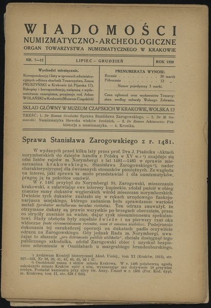 Wiadomości Numizmatyczno-Archeologiczne (1920), Kraków, zeszyt 7-12, kompletny, strony 54-116, format B5,  część stron nierozcięta, całość nieoprawiona, ładnie zachowane