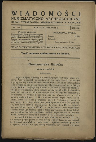 Wiadomości Numizmatyczno-Archeologiczne (1921), Kraków, zeszyt 1-12, 136 stron + VI tablic, format B5,  całość nieoprawiona, ładnie zachowane