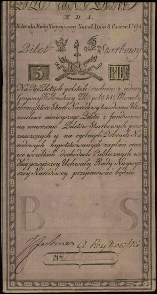5 złotych polskich 8.06.1794, seria ND1, numeracja 28396, pełny napis w znaku wodnym J. HONIG & ZOONEN