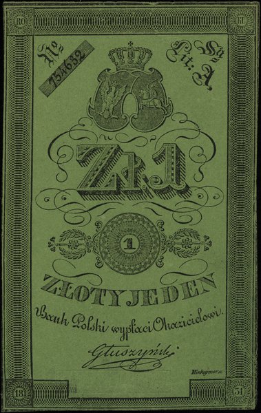 1 złoty 1831, podpis Głuszyński, cienki zielony papier ze znakiem wodnym, numeracja 754632,  pięknie widoczny znak wodny i wyraźna sucha pieczęć