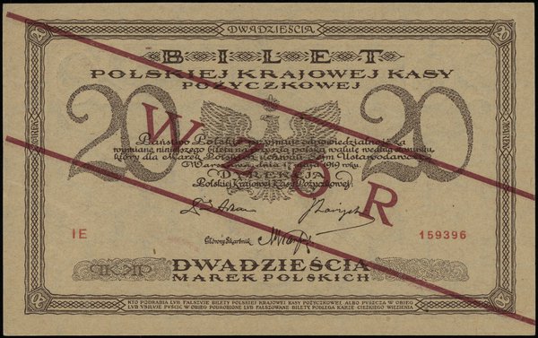 20 marek polskich 17.05.1919, ukośny czerwony nadruk WZÓR, seria IE, numeracja 159396