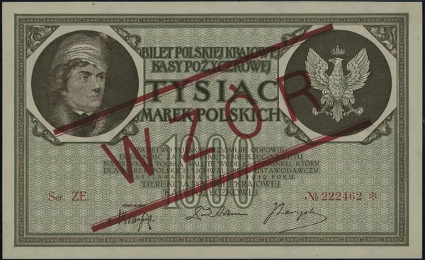 1.000 marek polskich 17.05.1919, czerwony ukośny nadruk WZÓR, seria ZE, numeracja 222462, znak wodny  “orły i litery B-P”