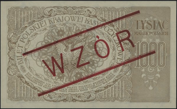 1.000 marek polskich 17.05.1919, czerwony ukośny nadruk WZÓR, seria ZE, numeracja 222462, znak wodny  “orły i litery B-P”