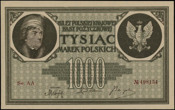 1.000 marek polskich 17.05.1919, seria AA, numeracja 498154, znak wodny “plaster miodu”