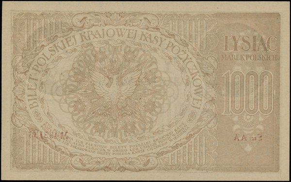 1.000 marek polskich 17.05.1919, seria AA, numeracja 498154, znak wodny “plaster miodu”