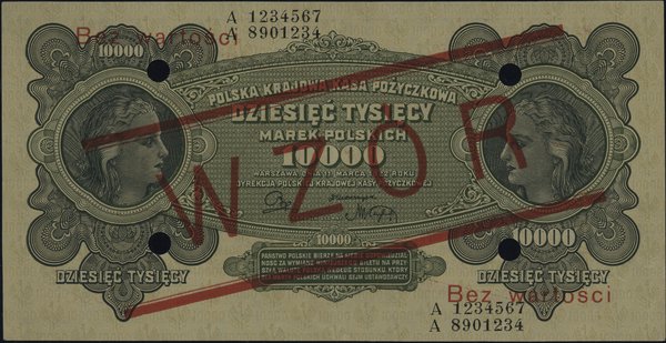 10.000 marek polskich 11.03.1922, czerwony nadruk Bez wartości / WZÓR / Bez wartości, czterokrotnie  perforowane, seria A 1234567 / A 8901234