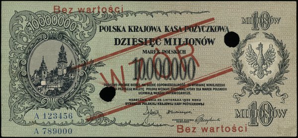 10.000.000 marek polskich 30.08.1923, obustronnie czerwony nadruk Bez wartości / WZÓR / Bez wartości,  dwukrotnie perforowane, seria A 123456 / A 789000