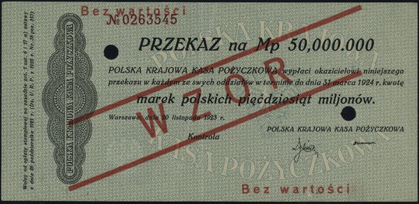 przekaz na 50.000.000 marek polskich 20.11.1923, czerwony nadruk Bez wartości / WZÓR / Bez wartości,  dwukrotnie perforowane, numeracja 0263545