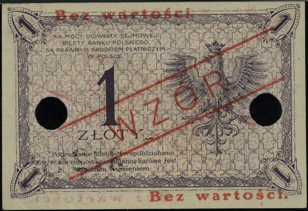 1 złoty 28.02.1919, czerwony nadruk Bez wartości / WZÓR / Bez wartości, dwukrotnie perforowane w poziomie,  seria 46 B, numeracja 061923