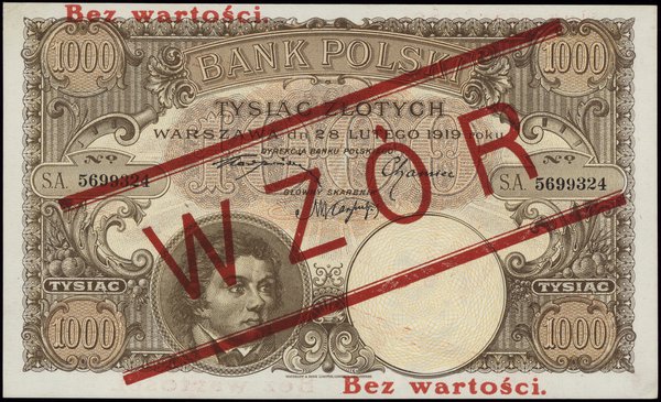1.000 złotych 28.02.1919, obustronnie czerwony nadruk Bez wartości / WZÓR / Bez wartości, seria A,  numeracja 5699324
