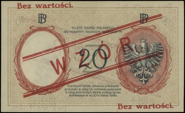 20 złotych 15.07.1924, II emisja, czerwony nadruk Bez wartości / WZÓR / Bez wartości, seria  A 1234567 / A 8901234