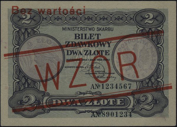 2 złote 1.05.1925, czerwony ukośny nadruk “WZÓR” i poziomo “Bez wartości”, seria A 1234567 / A 8901234