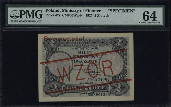 2 złote 1.05.1925, czerwony ukośny nadruk “WZÓR” i poziomo “Bez wartości”, seria A 1234567 / A 8901234
