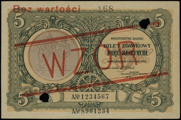 5 złotych 1.05.1925, czerwony ukośny nadruk “WZÓ