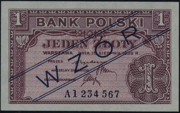 1 złoty 15.08.1939, granatowy ukośny nadruk “WZOR”, bez perforacji, seria A 1234567