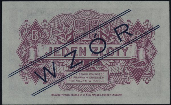1 złoty 15.08.1939, granatowy ukośny nadruk “WZOR”, bez perforacji, seria A 1234567