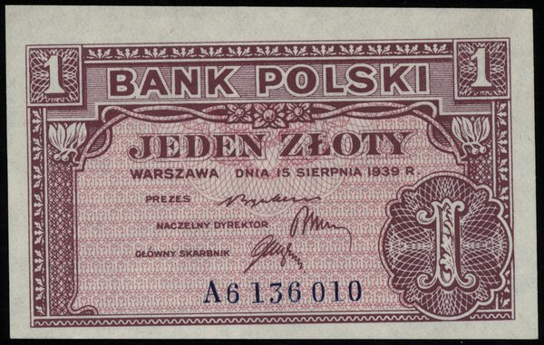 1 złoty 15.08.1939, seria A 6136010