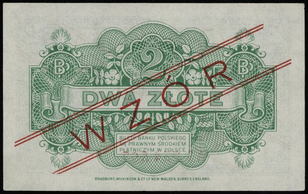2 złote 15.08.1939, czerwony ukośny nadruk “WZOR”, bez perforacji, seria A 1234567