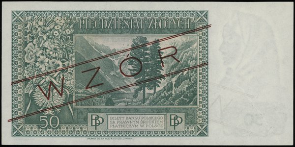 50 złotych 15.08.1939, czerwony ukośny nadruk “WZÓR”, seria A 012345