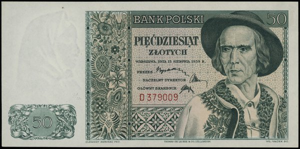 50 złotych 15.08.1939, seria D 379009; Lucow 103