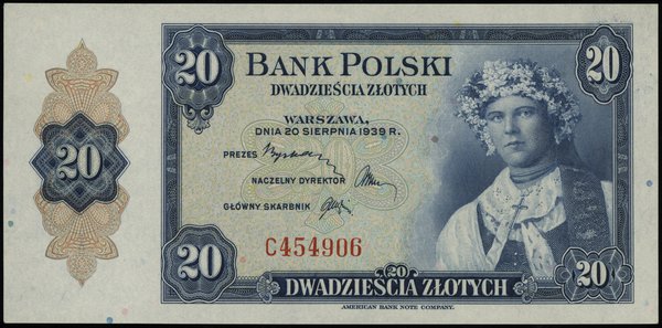 20 złotych 20.08.1939, seria C 454906