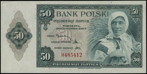 50 złotych 20.08.1939, seria H 485412; Lucow 106