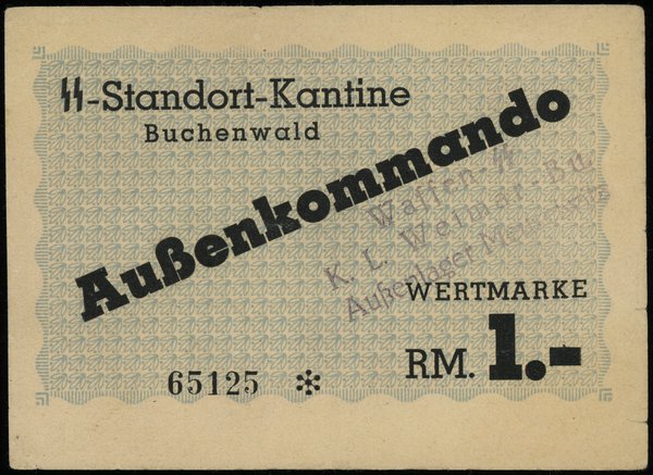 bon na 1 markę bez daty (1944), numeracja 65125, ze stemplem Waffen-SS / K.L. Weimar-Bu. / Außenlager  Meuselwitz