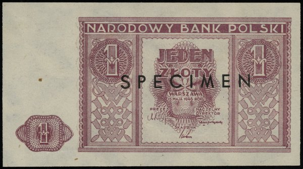 1 złoty 15.05.1946, czarny poziomy nadruk “SPECIMEN”, bez oznaczenia serii i numeracji