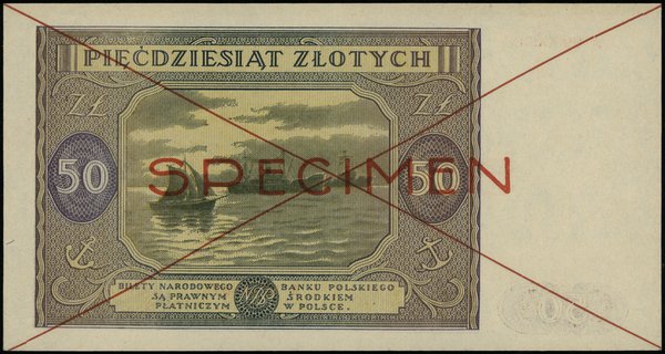 50 złotych 15.05.1946, czerwone dwukrotne przekreślenie i poziomo “SPECIMEN”, seria  A 1234567 / A 8900000