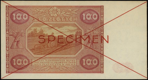 100 złotych 15.05.1946, czerwone dwukrotne przekreślenie i poziomo “SPECIMEN”, seria  A 1234567 / A 8900000