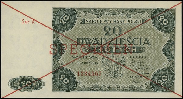 20 złotych 15.07.1947, czerwone dwukrotne przekreślenie i poziomo “SPECIMEN”, seria  A 1234567