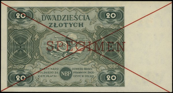 20 złotych 15.07.1947, czerwone dwukrotne przekreślenie i poziomo “SPECIMEN”, seria  A 1234567