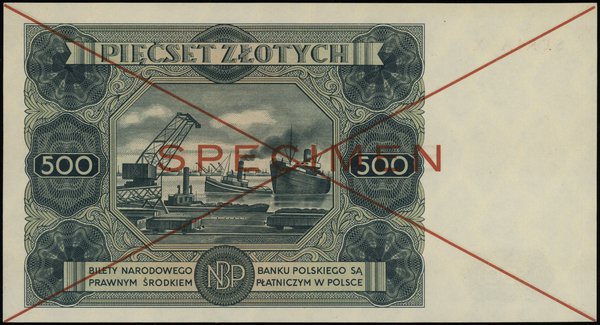 500 złotych 15.07.1947, czerwone skreślenie i poziomo SPECIMEN, seria X, numeracja 789000