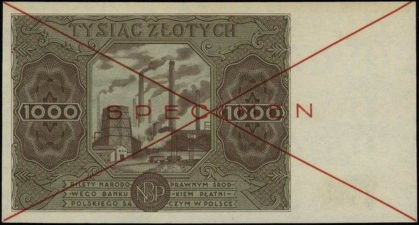 1.000 złotych 15.07.1947, czerwone dwukrotne skreślenie i poziomo “SPECIMEN”, seria A 1234567