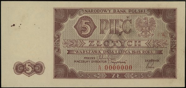 5 złotych 1.07.1948, seria A 0000000, wzór bez nadruków