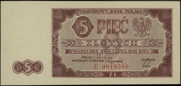 5 złotych 1.07.1948, seria E 0819580; Lucow 1246