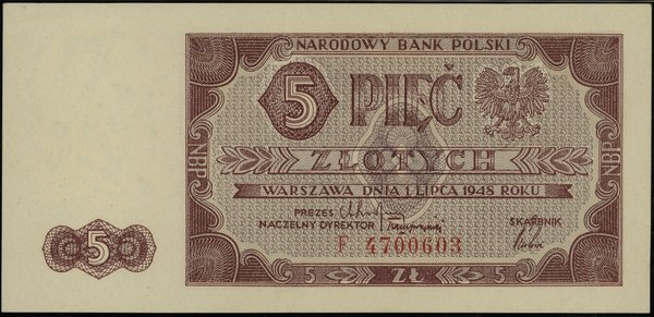 5 złotych 1.07.1948, seria F 4700603