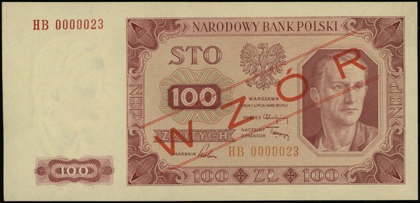 100 złotych 1.07.1948, czerwony ukośny nadruk “WZÓR”, seria HB 0000023