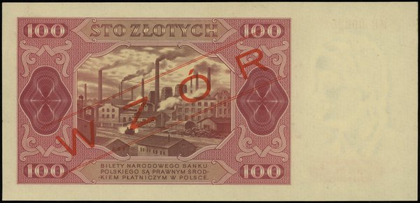 100 złotych 1.07.1948, czerwony ukośny nadruk “WZÓR”, seria HB 0000023