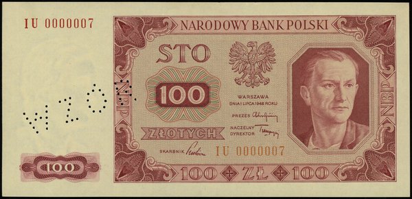 100 złotych 1.07.1948, bez nadruków, perforacja “WZÓR”, seria IU 0000007