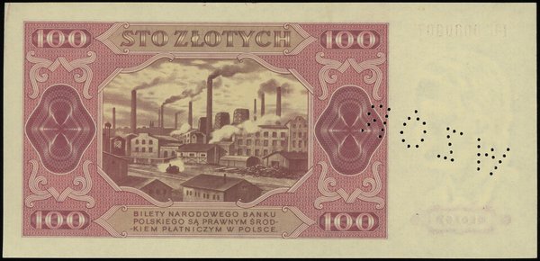 100 złotych 1.07.1948, bez nadruków, perforacja 