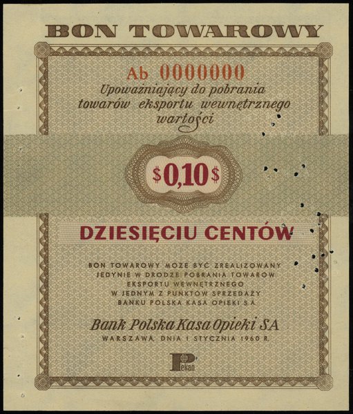 10 centów (0,10) dolara 1.01.1960, seria Ab 0000000, perforacja WZÓR