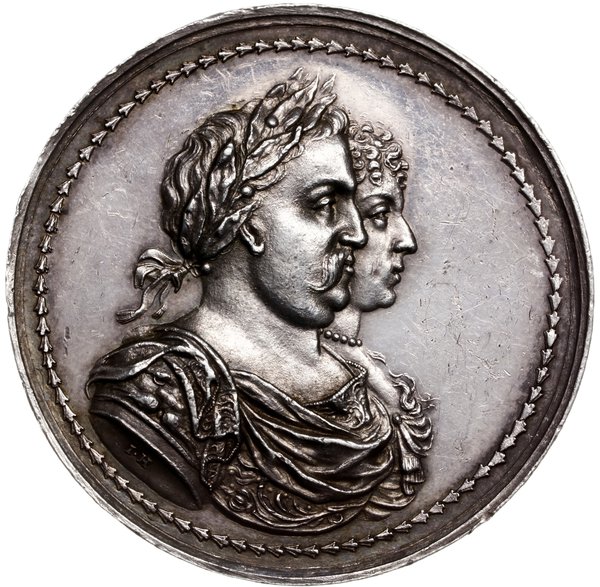 medal z 1676 r. autorstwa Jana Höhna jun. wybity z okazji koronacji Jana Sobieskiego i jego małżonki  Marii Kazimiery de La Grange d’Arquien