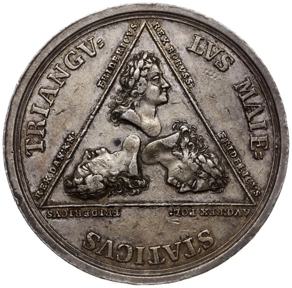 medal z 1709 r. autorstwa Heinricha Paula Groskurta, wybity z okazji zjazdu i podpisania przymierza trzech  Fryderyków