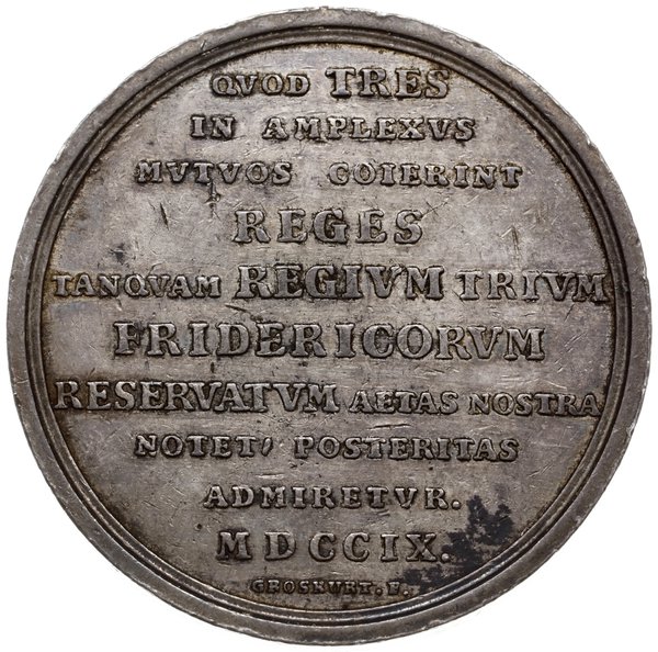 medal z 1709 r. autorstwa Heinricha Paula Groskurta, wybity z okazji zjazdu i podpisania przymierza trzech  Fryderyków