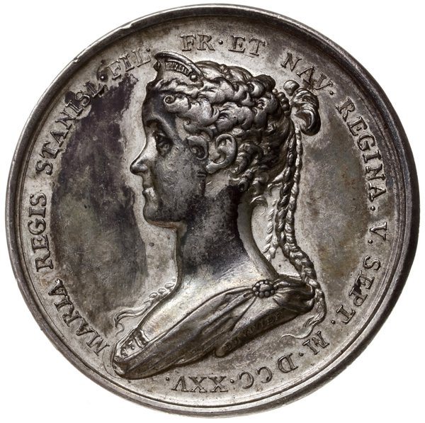 medal z 1725 r. autorstwa du Vivier’a, wybity w Paryżu z okazji zaślubin króla Ludwika XV z Marią córką  Stanisława Leszczyńskiego