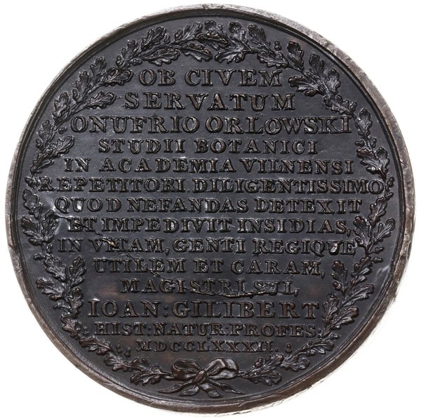 medal z 1782 r. autorstwa Holzhaeussera, wykonany na pamiątkę udaremnienia przez Onufrego Orłowskiego  próby otrucia swego nauczyciela, francuskiego botanika Jana Gilberta